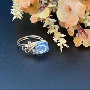 Silver Plated Wire Wrapped Blue Chalcedony Ring